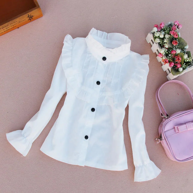 Kids Outfits Spring Fall Cotton Ruffles Blouses for Children Teenage School Girls Bow Pure White Shirts Toddler Long Sleeve Tops Baby Clothes