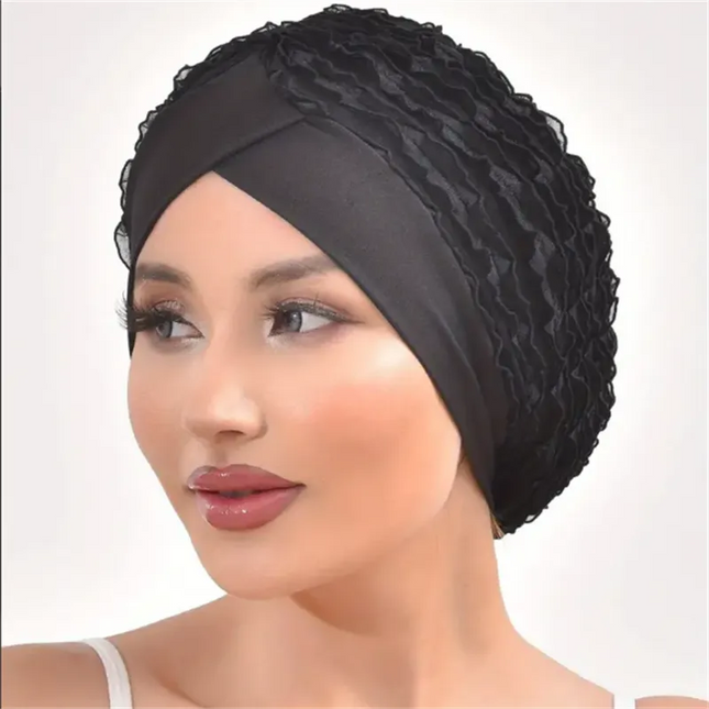 Hijab Cap Forehead Cross Women's Lace Turban Cap Elastic Muslim Headscarf Bonnet Islamic Female Solid Color Head Wraps Beanie Caps