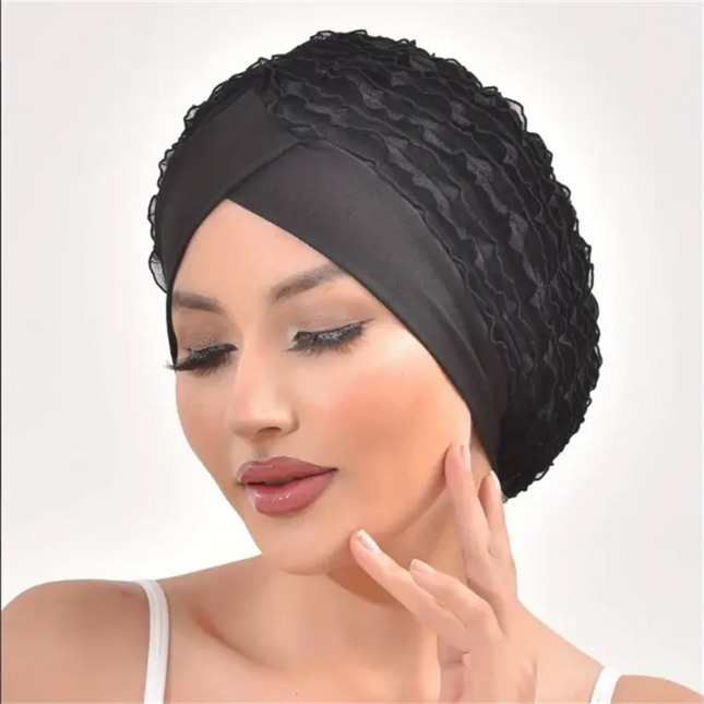 Hijab Cap Forehead Cross Women's Lace Turban Cap Elastic Muslim Headscarf Bonnet Islamic Female Solid Color Head Wraps Beanie Caps