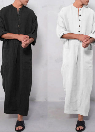 Jubba 2024 New Vintage Men Islamic Arabic Jubba Thobe Long Sleeve Buttons Cotton Robes Men Saudi Arabia Abaya Dress Muslim Kaftan Male