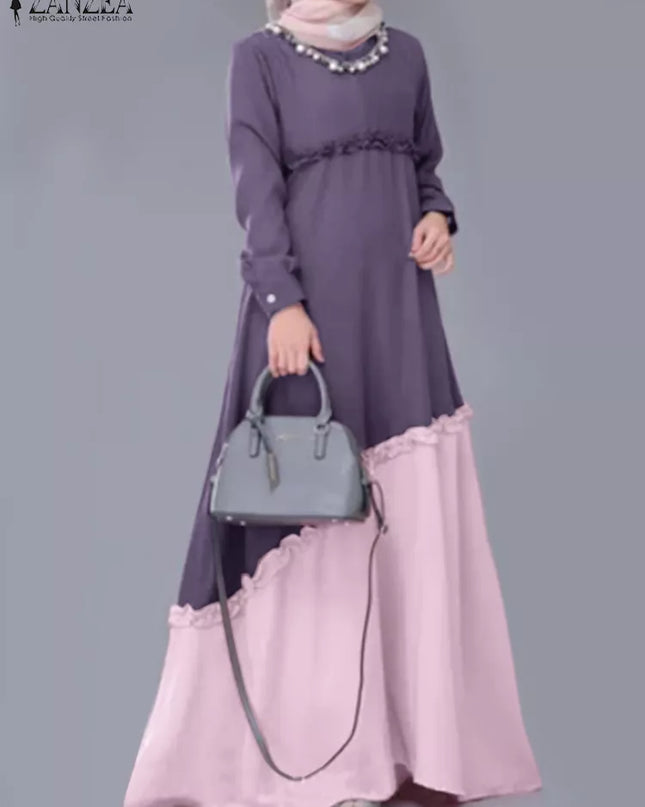 Dress O-Neck Long Sleeve Contrast Color Islamic Clothing Vestidos Women Muslim Dress Elegant Casual Loose Abaya Hijab Robe 2023