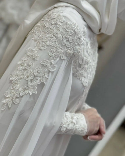 Wedding Gown- Elegant Chiffon Muslim Wedding Gown With Lace Appliques Long Sleeves Cape A Line Bridal Gowns Arabic فستان حفلات الزفاف 2023