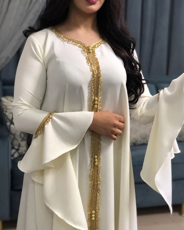 Dress iskakia Jalabiya Kaftan Dress For Women Dubai Turkey Golden Ribbon Embroidery Loose Muslim Arabic Islamic Clothing White 2020