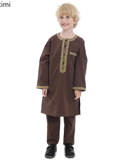 Kids Outfits  2024 Saudi Arabia Children Robe Muslim Clothes Kids Qamis Boy Thobe 2 Piece Set Islamic Clothing Men Party Abaya Kaftan