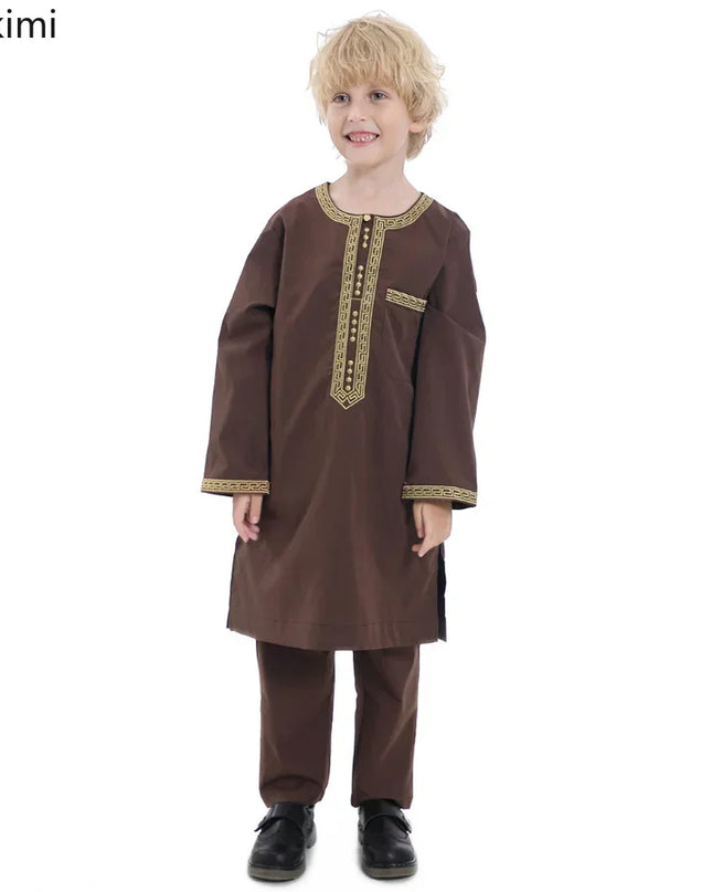 Kids Outfits  2024 Saudi Arabia Children Robe Muslim Clothes Kids Qamis Boy Thobe 2 Piece Set Islamic Clothing Men Party Abaya Kaftan