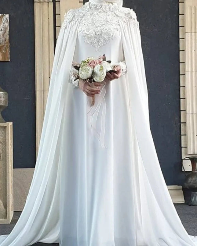 Wedding Gown-Graceful High Neck  2023 For Women A Line Chiffon Cape Lace Appliques Dubai Arabic Bridal Gowns With Hijab