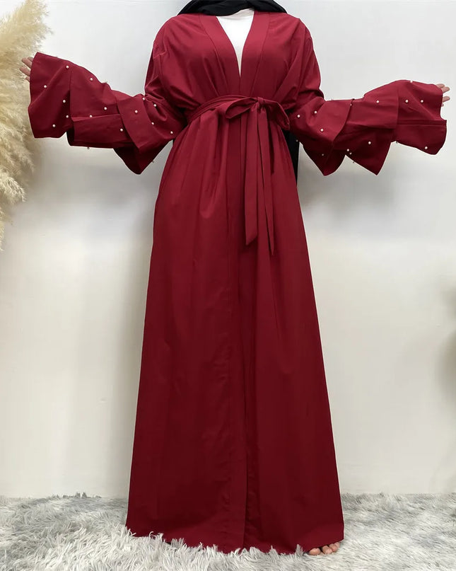 Abayas - Open Abaya Beads Ruffles Sleeve Muslim Women Dubai Dress Turkey Kaftan Islam Kimono Cardigan Gown Jalabiya Robe