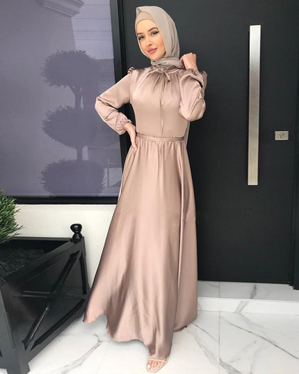 Dress Kimono Muslim Elegant Satin Dress-Casual Dubai Style
