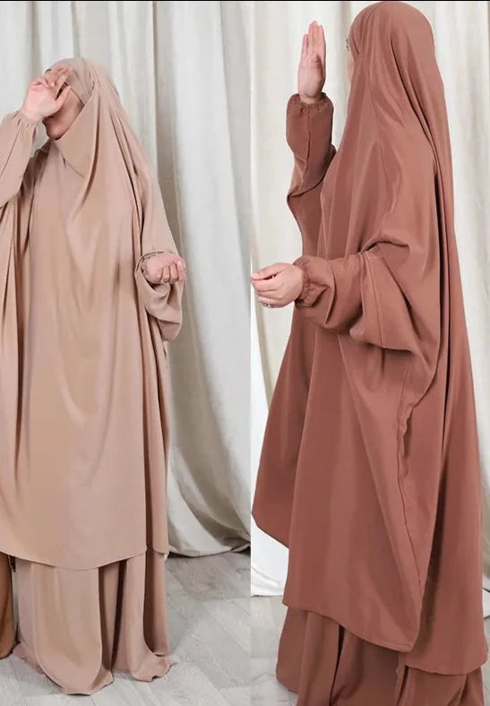 Jilbab-Prayer Outfits 2 Piece Sets Muslim Women Hijab Dress Prayer Garment Abaya Long Khimar Ramadan Eid Plain Abayas Islamic Clothing Robe