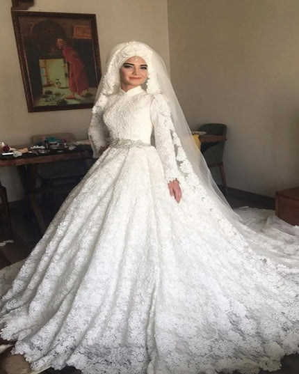 Wedding Gown Saudi Arabia Turkey Ball Gown Long Sleeves Lace Wedding Gown High Neck Muslim Bridal Gowns Vestido De Noiva With Crystal Sash