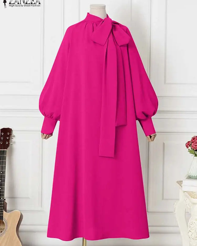 ZANZEA Fashion Tie Neck Maxi Dress Women Casual Loose Long Puff Sleeve Long Robes 2023 Autumn Solid Vestidos Holiday Party Dress