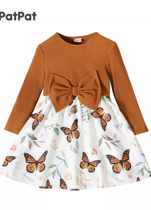 Babies outfits PatPat Toddler Girl Dress Floral Leaf / Butterfly Print Splice Bowknot Design Long-sleeve Dress for Girl