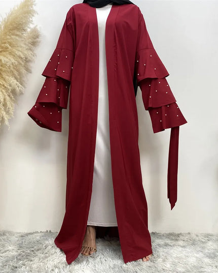 Abayas - Open Abaya Beads Ruffles Sleeve Muslim Women Dubai Dress Turkey Kaftan Islam Kimono Cardigan Gown Jalabiya Robe