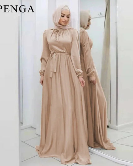 Hijab Satin Dress Ramadan Muslim Fashion Belted Abaya Dubai Turkey Arabic African Maxi Dresses for Women Islam Clothing Robes