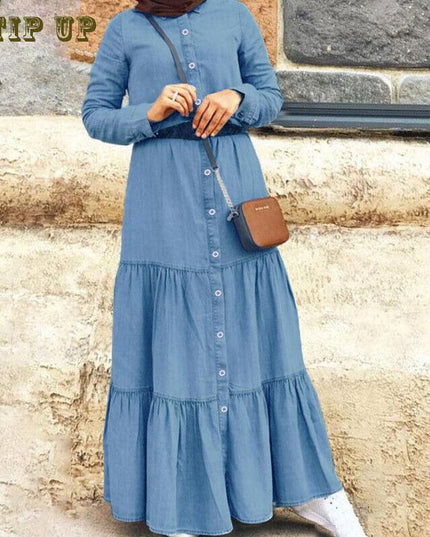 Dress Denim Abaya Women Long Sleeve Maxi Dress