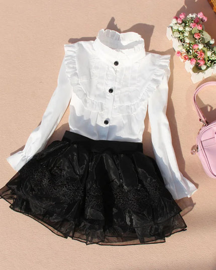 Kids Outfits Spring Fall Cotton Ruffles Blouses for Children Teenage School Girls Bow Pure White Shirts Toddler Long Sleeve Tops Baby Clothes