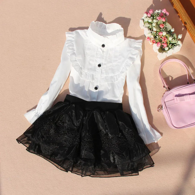 Kids Outfits Spring Fall Cotton Ruffles Blouses for Children Teenage School Girls Bow Pure White Shirts Toddler Long Sleeve Tops Baby Clothes