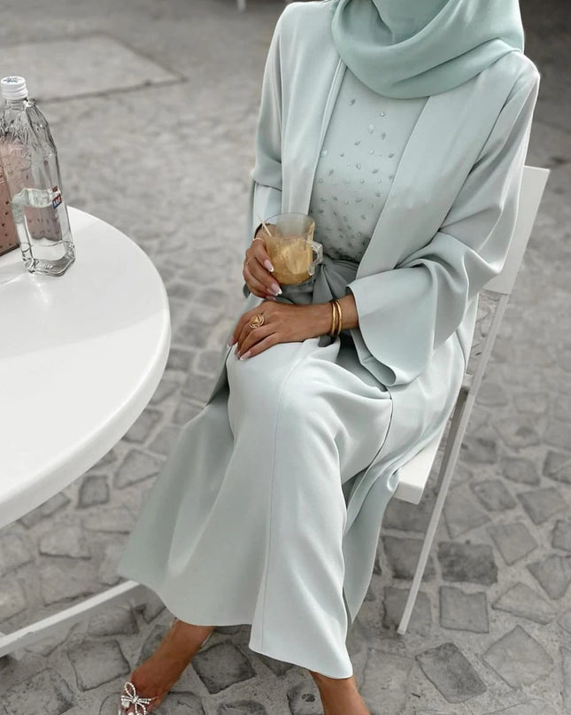 Dress New Spring Muslim Dress Abaya Sets Women 3 Piece Nida Beading A-line Maxi Kimono Jubah Robe Abayas Vestidos Islamic Clothing