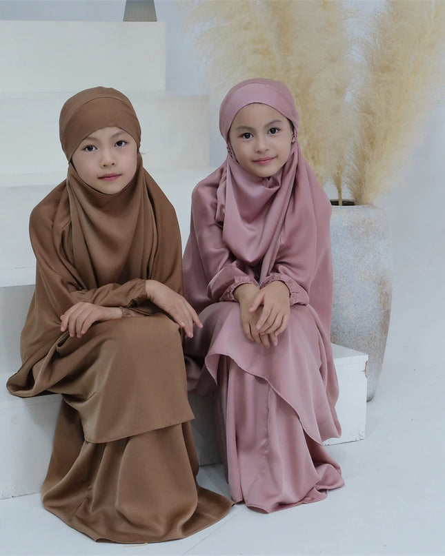 Kids Outfits Prayer Garment Muslim Girls Long Khimar Hijab Turkey Abaya Islamic Skirt Set Full Cover Robe Ramadan