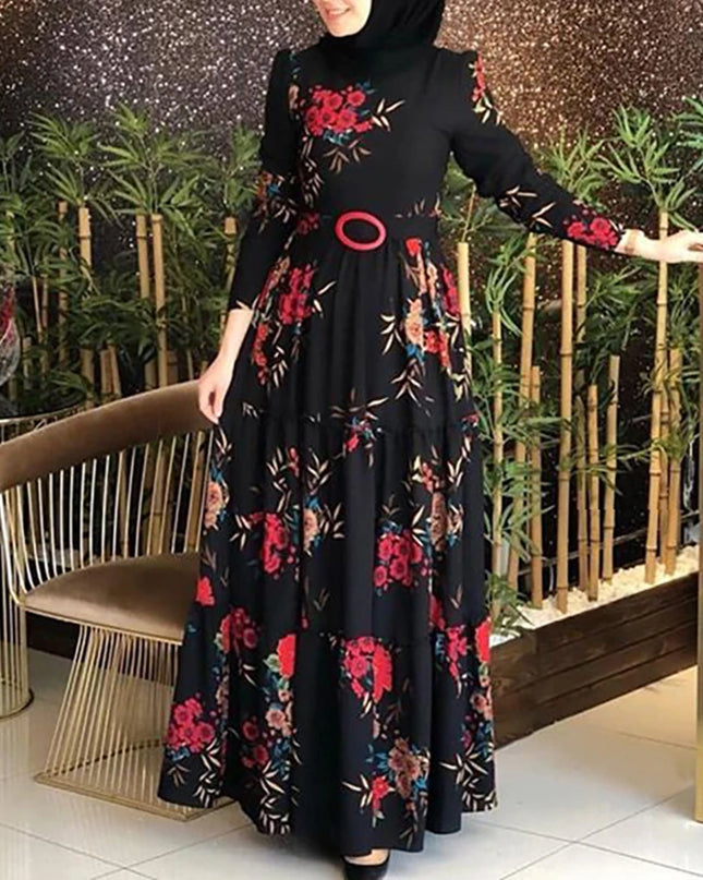 Dress Women Long Sleeve Muslim Abaya Dress Ethnic Floral Print Belt Maxi Kaftan Robe Satin Corset Long Sleeve Dresses