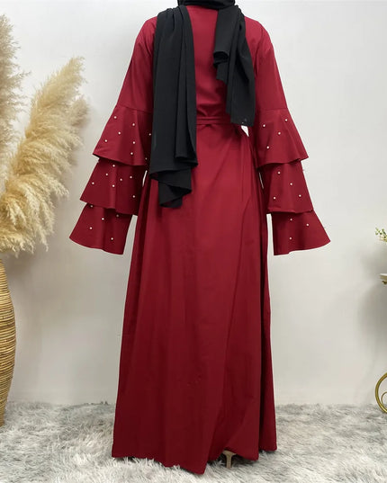 Abayas - Open Abaya Beads Ruffles Sleeve Muslim Women Dubai Dress Turkey Kaftan Islam Kimono Cardigan Gown Jalabiya Robe