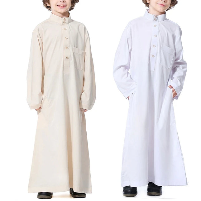 Kids Outfit Teenagers Muslim Clothing Middle East Abaya Thobe Long Sleeves Stand Collar Muslim Kaftan Boy Robe Children Caftan