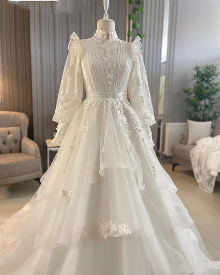 Wedding Gown-Graceful High Neck Muslim Wedding Gown For Women Puff Sleeve Arabic Dubai Lace Applique Bridal Gowns Robe De Mariage 2024