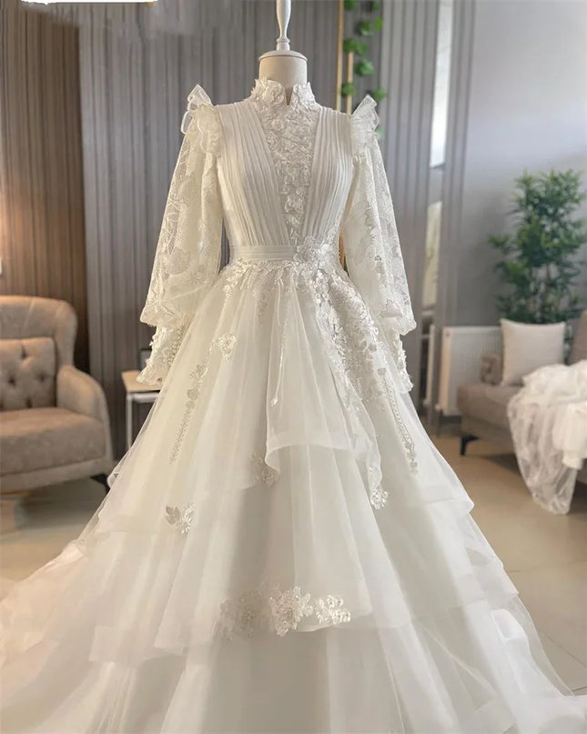 Wedding Gown-Graceful High Neck Muslim Wedding Gown For Women Puff Sleeve Arabic Dubai Lace Applique Bridal Gowns Robe De Mariage 2024