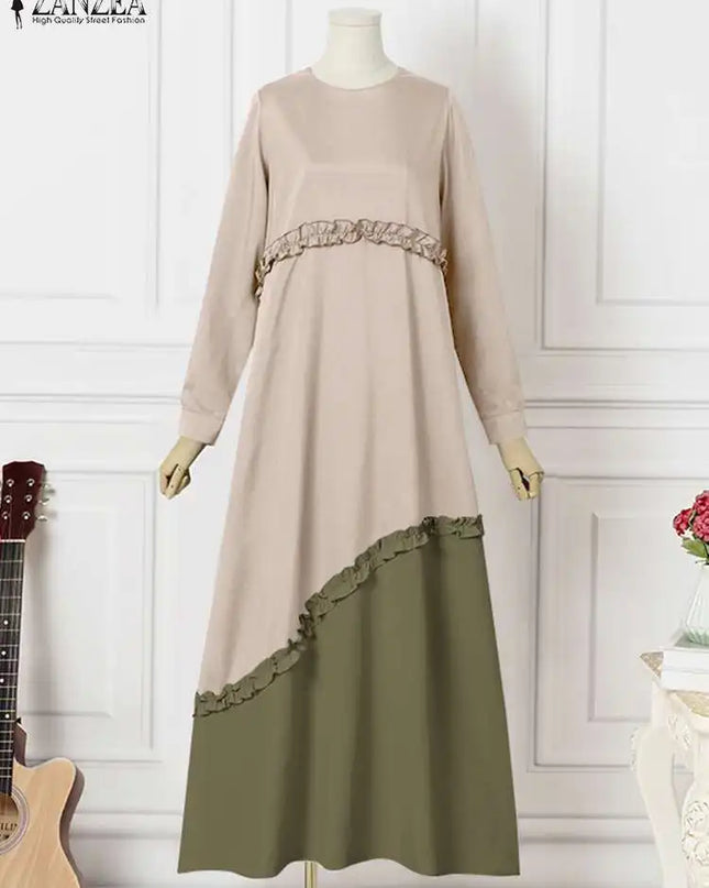 Dress O-Neck Long Sleeve Contrast Color Islamic Clothing Vestidos Women Muslim Dress Elegant Casual Loose Abaya Hijab Robe 2023