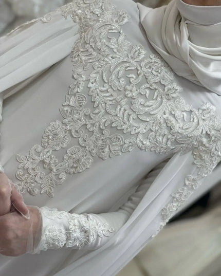 Wedding Gown- Elegant Chiffon Muslim Wedding Gown With Lace Appliques Long Sleeves Cape A Line Bridal Gowns Arabic فستان حفلات الزفاف 2023