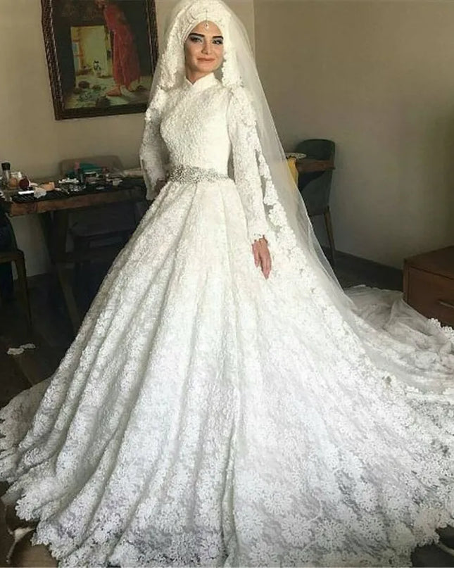 Wedding Gown Saudi Arabia Turkey Ball Gown Long Sleeves Lace Wedding Gown High Neck Muslim Bridal Gowns Vestido De Noiva With Crystal Sash