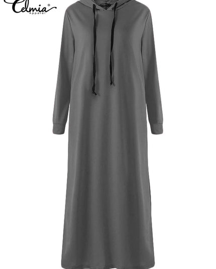 Dress Celmia 2023 Women Maxi Dress Autumn Fashion Vintage Hooded Dress Sweatshirt Winter Long Sleeve Hoodies Winter Vestido Robe Femme