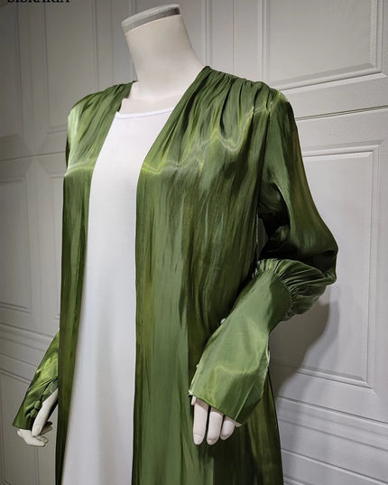 Turkish Gowns For Women Dubai Arabian Dress Army Green Silk Satin Cardigan Robe Mushroom Button Sleeves Muslim Outwear