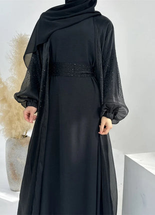 Abaya & Inner Dress Muslim 2 Piece Set for Women Eid Dress Ramadan Lace-up Abaya Islam Cardigan Dubai Arab Long Robe