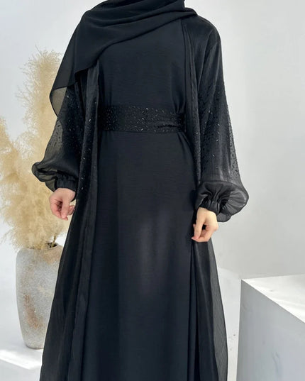 Abaya & Inner Dress Muslim 2 Piece Set for Women Eid Dress Ramadan Lace-up Abaya Islam Cardigan Dubai Arab Long Robe