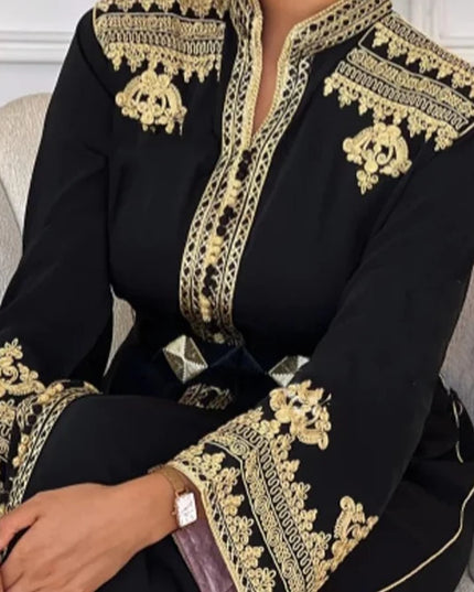 Dress Moroccan Caftan Women Gold Applique Beaded Stand Collar Abaya For Wedding Party Dubai Middle Kaftan Long Sleeves With Belt