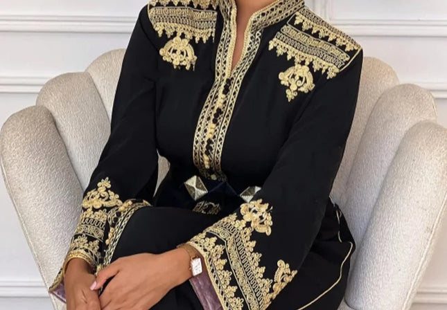 Dress Moroccan Caftan Women Gold Applique Beaded Stand Collar Abaya For Wedding Party Dubai Middle Kaftan Long Sleeves With Belt
