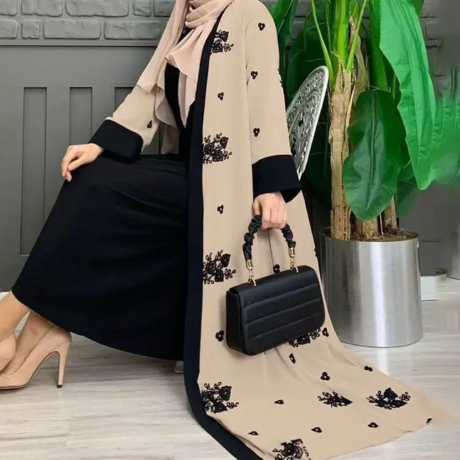 Abaya Women's Two Pieces Set Female Moroccan Kaftan Embroidered Chiffon Coat Muslim Set Dubai Abaya Turkey Women Abayas Islam Clothing