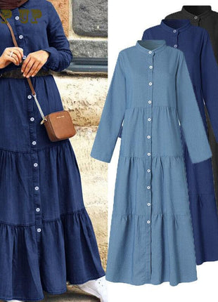 Dress Denim Abaya Women Long Sleeve Maxi Dress