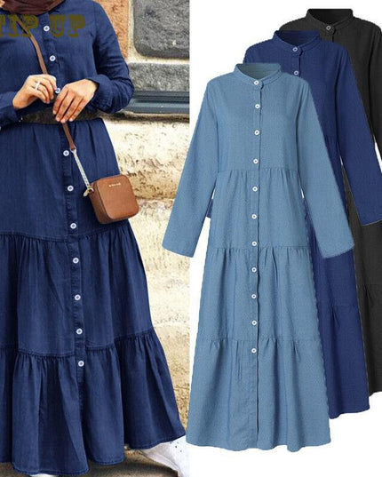 Dress Denim Abaya Women Long Sleeve Maxi Dress