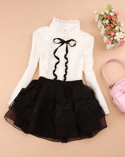 Kids Outfits Spring Fall Cotton Ruffles Blouses for Children Teenage School Girls Bow Pure White Shirts Toddler Long Sleeve Tops Baby Clothes