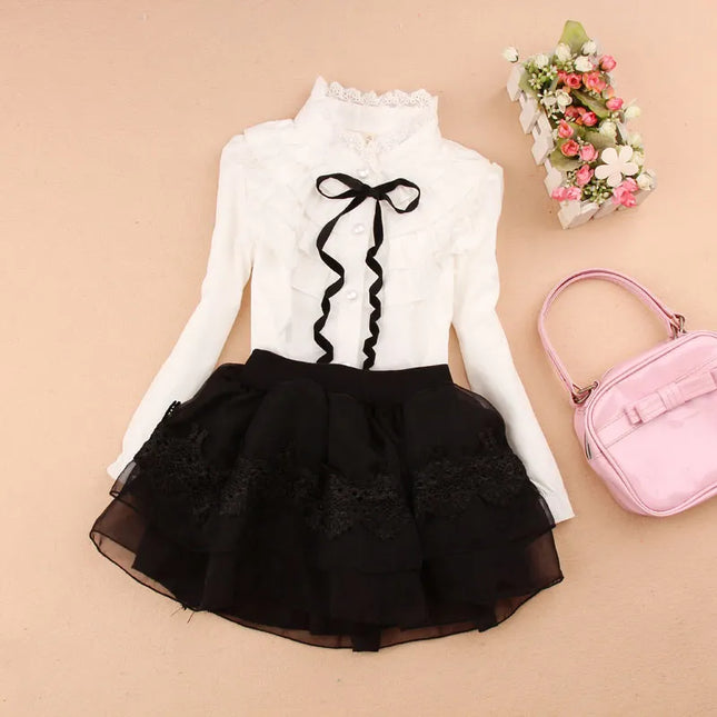 Kids Outfits Spring Fall Cotton Ruffles Blouses for Children Teenage School Girls Bow Pure White Shirts Toddler Long Sleeve Tops Baby Clothes