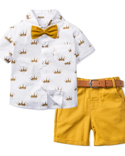 Babies outfits Boys Sets Clothing Summer Crown Print Polo T-Shirt White Shorts Yellow Bowtie Children's Clothing For Boy Kids Clothes Boys