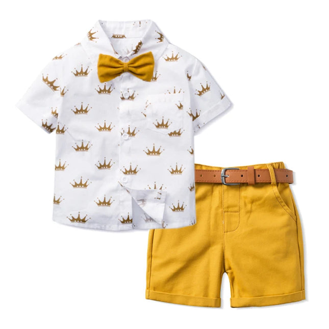 Babies outfits Boys Sets Clothing Summer Crown Print Polo T-Shirt White Shorts Yellow Bowtie Children's Clothing For Boy Kids Clothes Boys