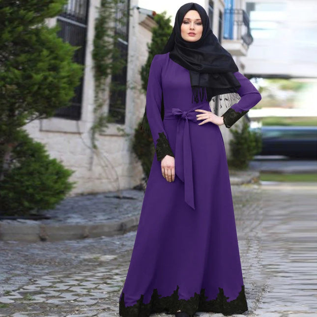Dress Arab Dubai Muslim Dress Elegant Kaftan  Abaya Turkish Robes Long Sleeve Islamic Clothing with Belt