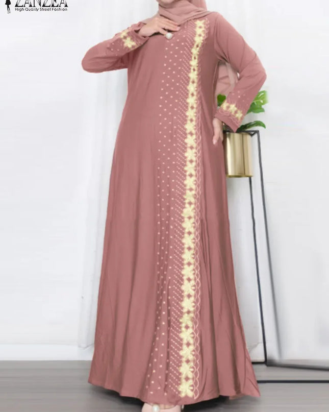 Dress Women Vintage Floral Printed Maxi Dress Autumn Long Sleeve Kaftan Muslim Sundress Robe Femme Ramadan Islamic Clothing