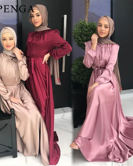 Hijab Satin Dress Ramadan Muslim Fashion Belted Abaya Dubai Turkey Arabic African Maxi Dresses for Women Islam Clothing Robes