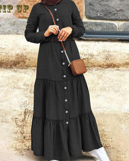 Dress Denim Abaya Women Long Sleeve Maxi Dress