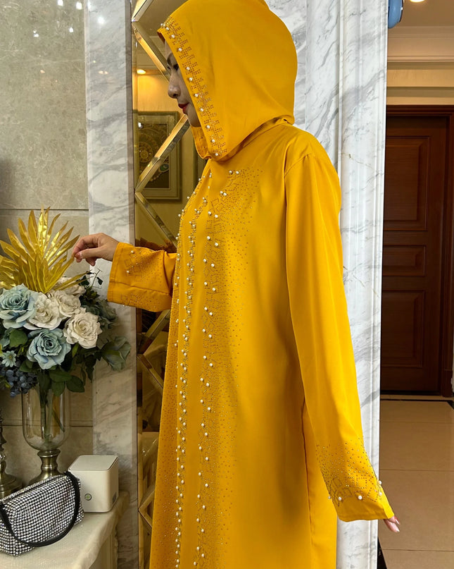 Abaya Muslim Maxi Long Sleeve Dress With Cap Women Diamond Arab Dubai Islamic Clothing Autumn New Loose Casual Turkey Robe