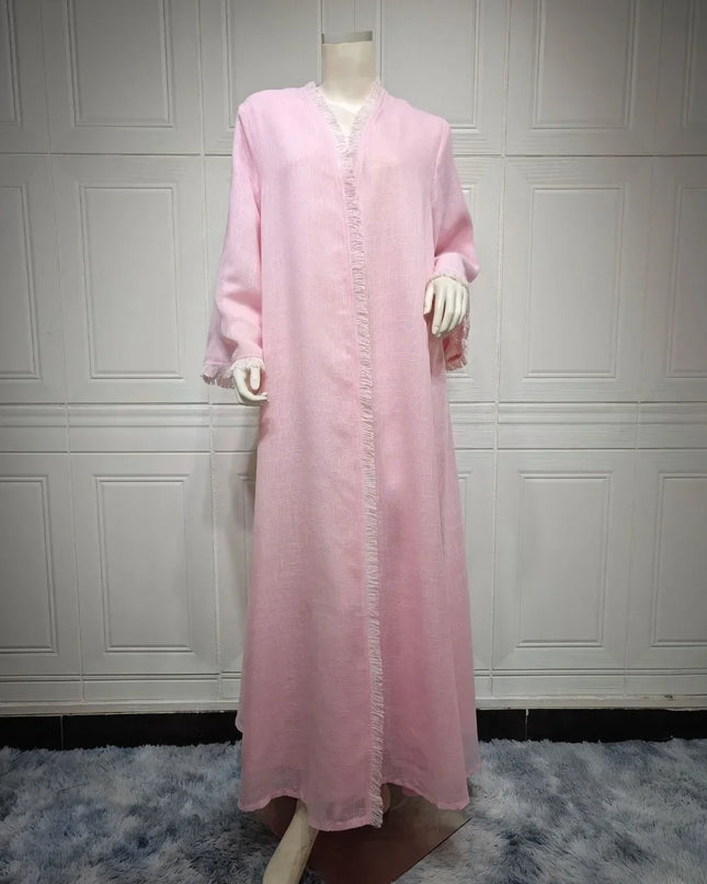 Abaya Women Pink Cotton Linen Cardigan Jalabiya Morocco Party Dresses Dubai Abayas Kaftan Vestidos Arab Long Robe